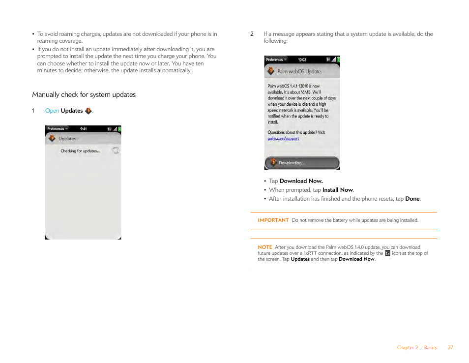 Manually check for system updates, Manually check for, System updates | Manually check for system, Updates | Palm Pre P100EWW User Manual | Page 37 / 204