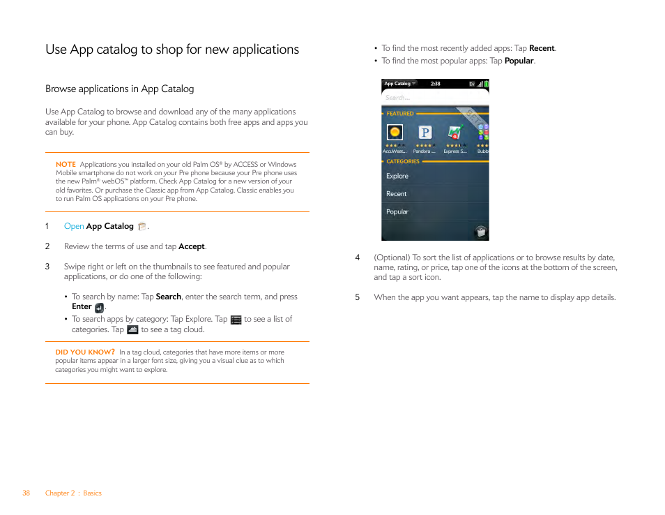 Use app catalog to shop for new applications, Browse applications in app catalog | Palm Pre P100EWW User Manual | Page 38 / 204