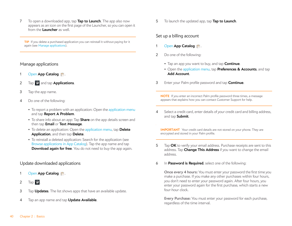 Manage applications, Update downloaded applications, Set up a billing account | Update downloaded, Applications | Palm Pre P100EWW User Manual | Page 40 / 204