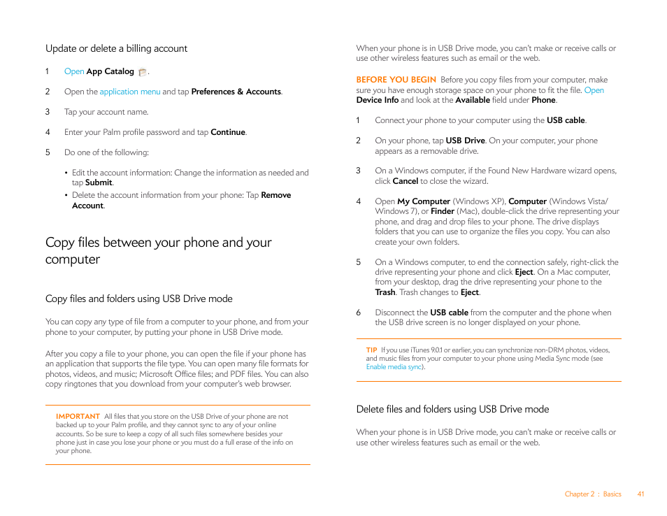 Update or delete a billing account, Copy files between your phone and your computer, Copy files and folders using usb drive mode | Delete files and folders using usb drive mode | Palm Pre P100EWW User Manual | Page 41 / 204