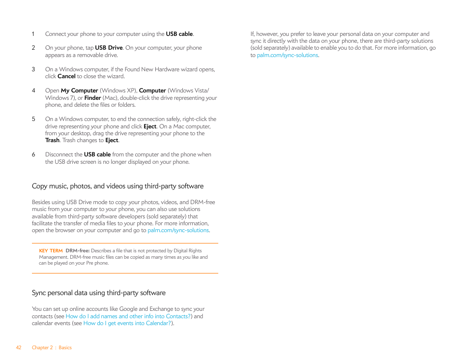 Sync personal data using third-party software | Palm Pre P100EWW User Manual | Page 42 / 204