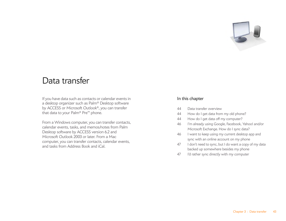 Data transfer, Data, Transfer | Palm Pre P100EWW User Manual | Page 43 / 204