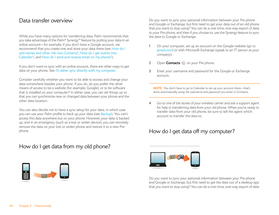 Data transfer overview, How do i get data from my old phone, How do i get data off my computer | Palm Pre P100EWW User Manual | Page 44 / 204