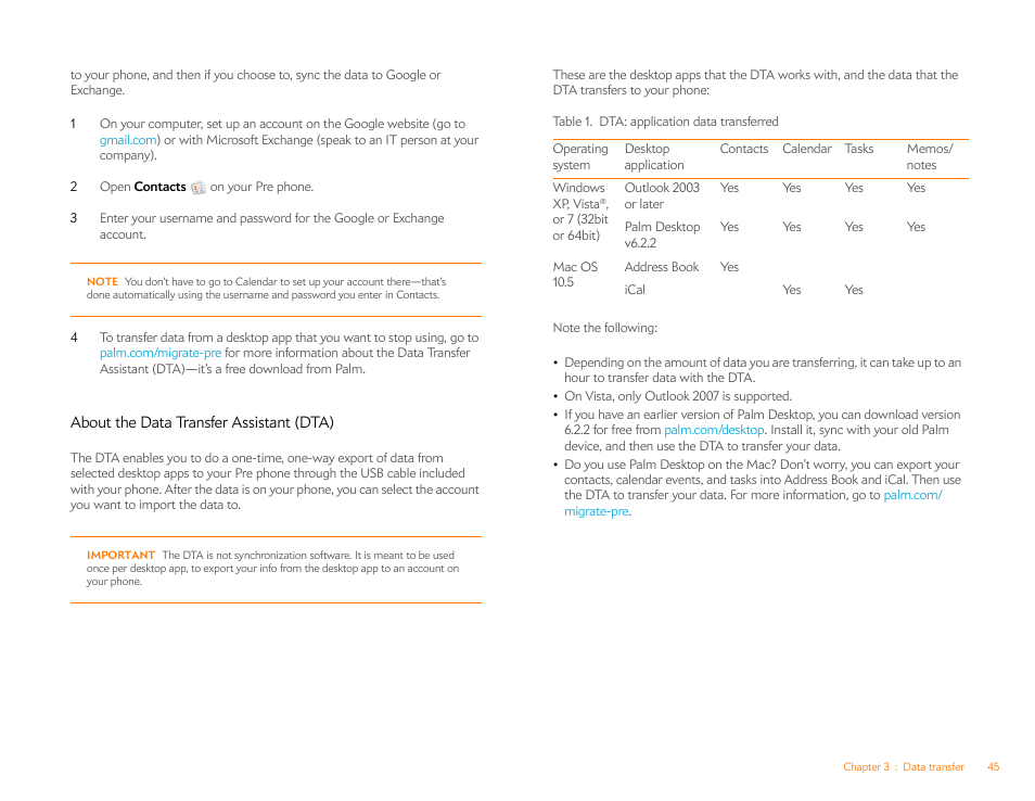 About the data transfer assistant (dta) | Palm Pre P100EWW User Manual | Page 45 / 204