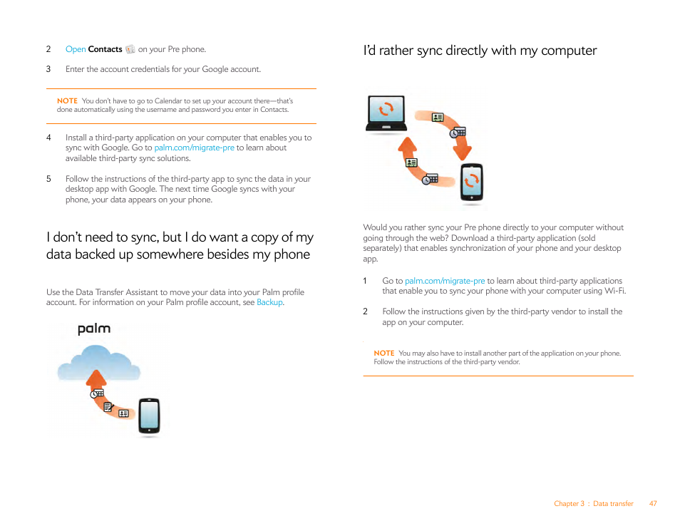 I’d rather sync directly with my computer | Palm Pre P100EWW User Manual | Page 47 / 204