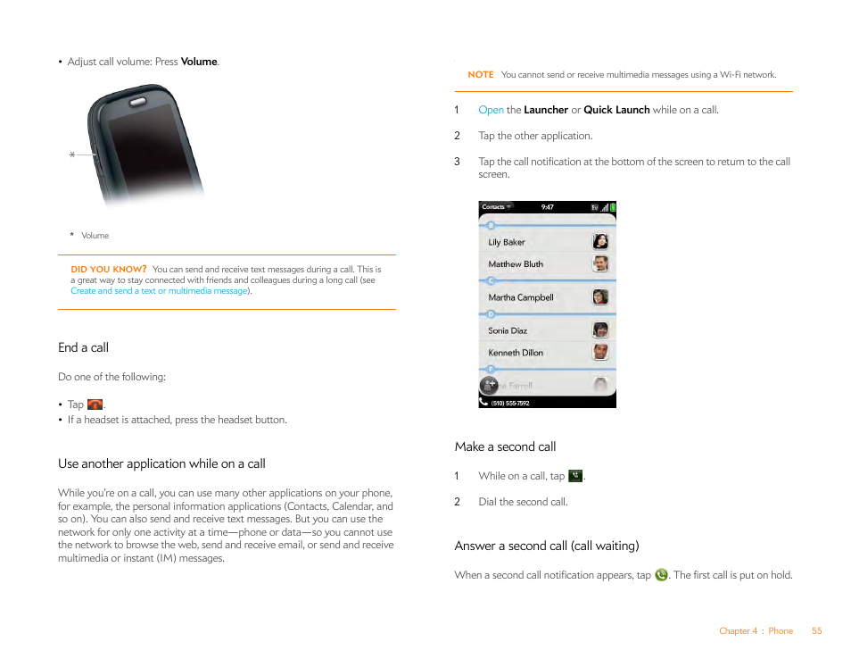End a call, Use another application while on a call, Make a second call | Answer a second call (call waiting) | Palm Pre P100EWW User Manual | Page 55 / 204