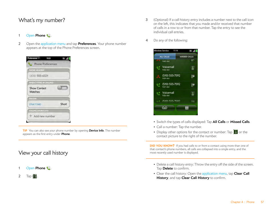 What’s my number, View your call history | Palm Pre P100EWW User Manual | Page 57 / 204