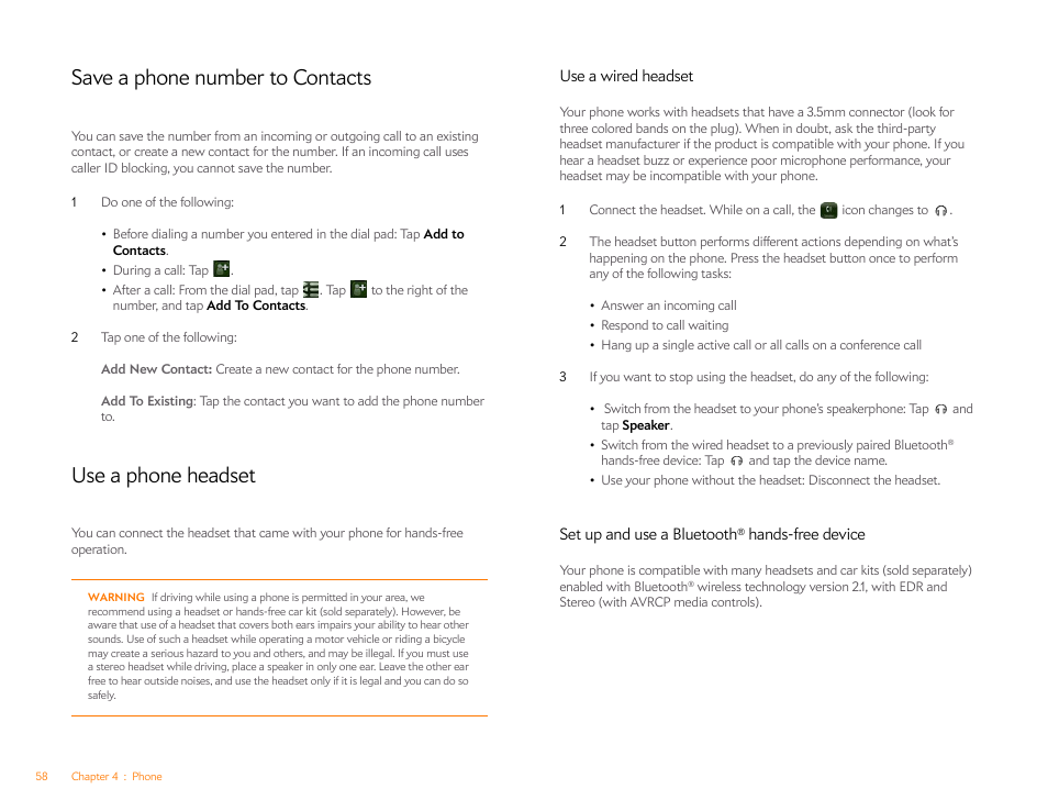 Save a phone number to contacts, Use a phone headset, Use a wired headset | Set up and use a bluetooth® hands-free device | Palm Pre P100EWW User Manual | Page 58 / 204