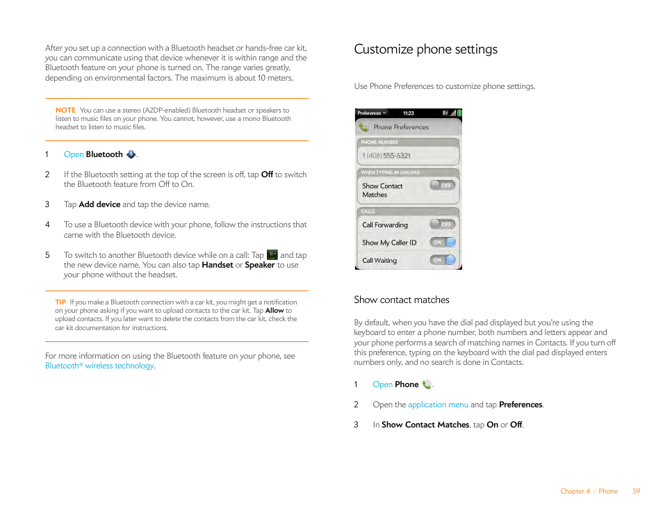 Customize phone settings, Show contact matches, Show | Contact matches | Palm Pre P100EWW User Manual | Page 59 / 204