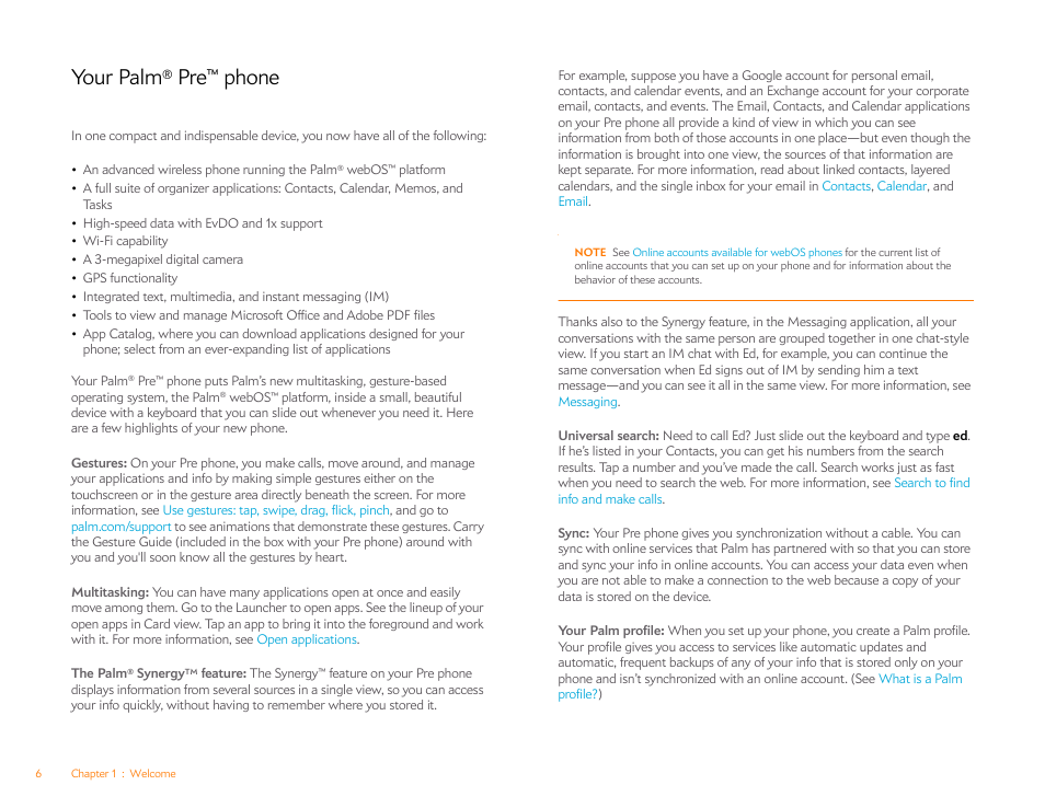 Your palm® pre™ phone, Your palm, Pre™ phone | Palm Pre P100EWW User Manual | Page 6 / 204