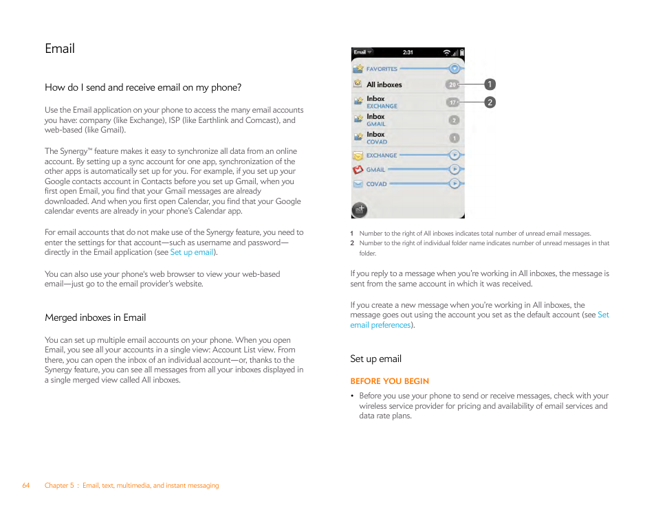 Email, How do i send and receive email on my phone, Merged inboxes in email | Set up email | Palm Pre P100EWW User Manual | Page 64 / 204