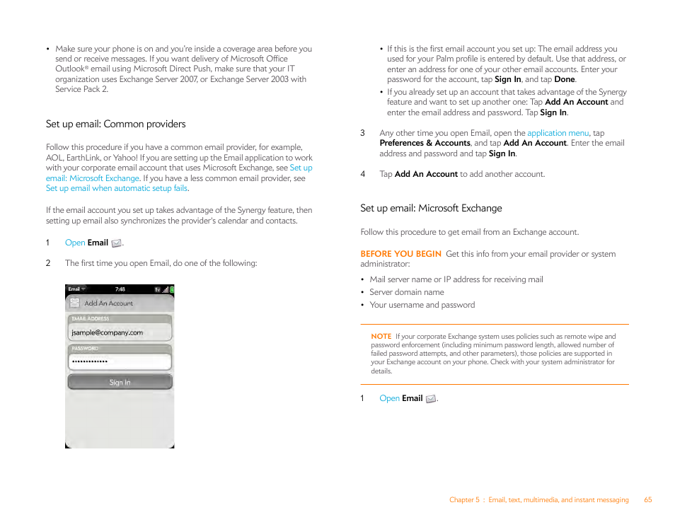 Set up email: common providers, Set up email: microsoft exchange | Palm Pre P100EWW User Manual | Page 65 / 204