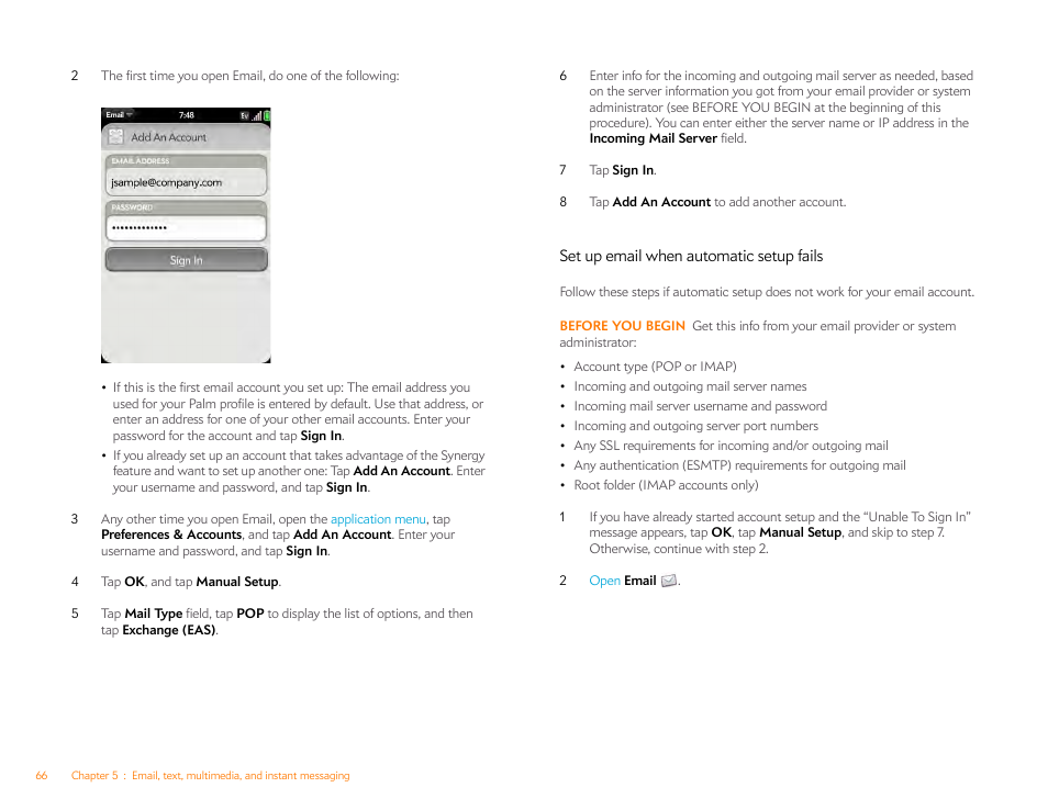 Set up email when automatic setup fails | Palm Pre P100EWW User Manual | Page 66 / 204