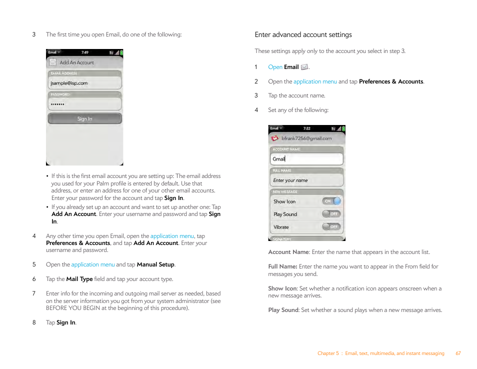 Enter advanced account settings | Palm Pre P100EWW User Manual | Page 67 / 204