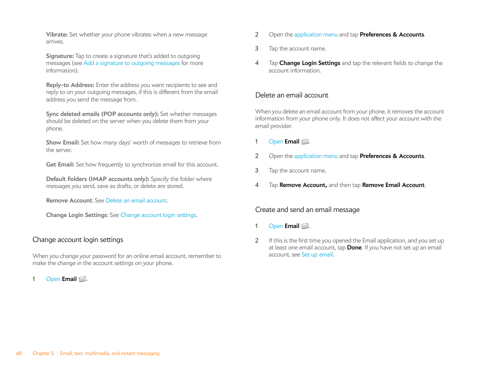 Change account login settings, Delete an email account, Create and send an email message | Palm Pre P100EWW User Manual | Page 68 / 204