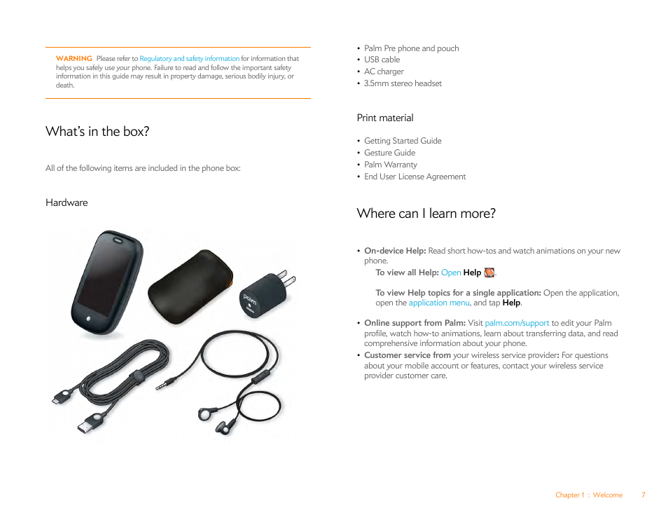 What’s in the box, Hardware, Print material | Where can i learn more | Palm Pre P100EWW User Manual | Page 7 / 204