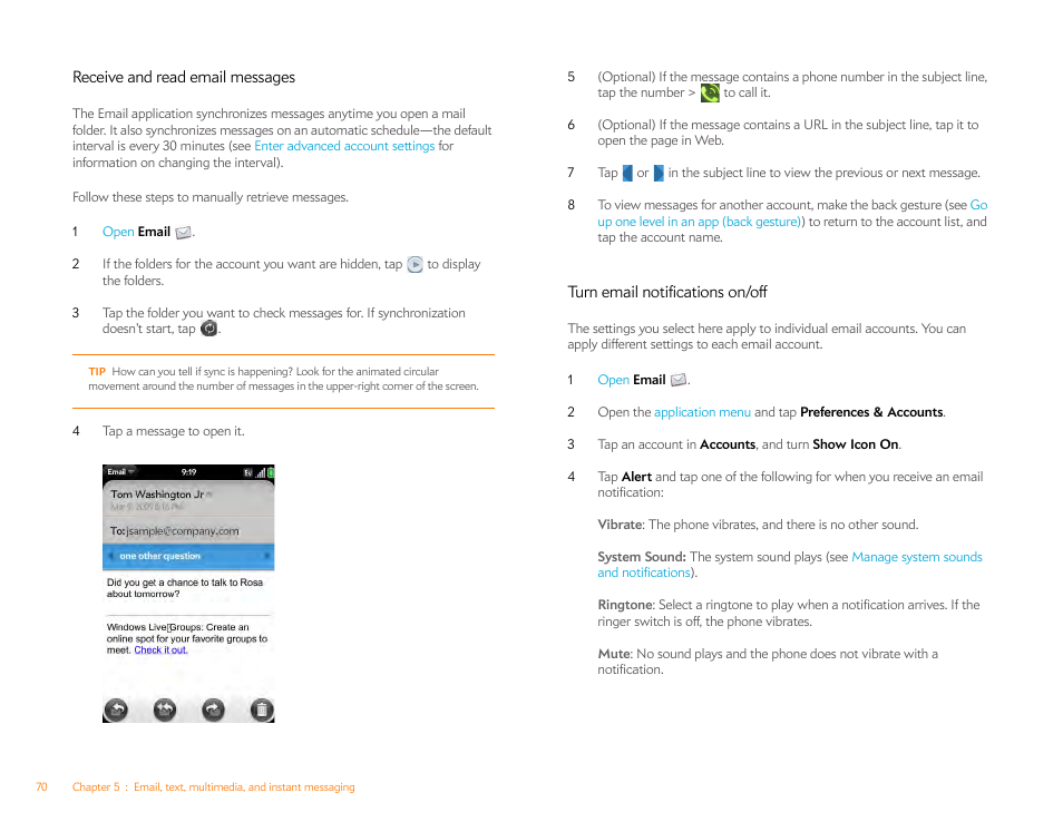 Receive and read email messages, Turn email notifications on/off | Palm Pre P100EWW User Manual | Page 70 / 204