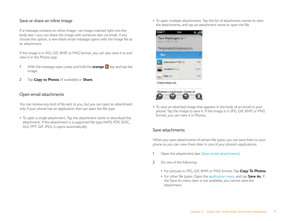 Save or share an inline image, Open email attachments, Save attachments | Palm Pre P100EWW User Manual | Page 71 / 204
