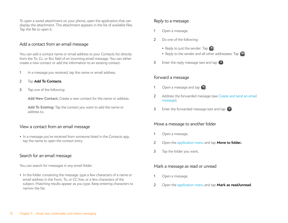 Add a contact from an email message, View a contact from an email message, Search for an email message | Reply to a message, Forward a message, Move a message to another folder, Mark a message as read or unread | Palm Pre P100EWW User Manual | Page 72 / 204