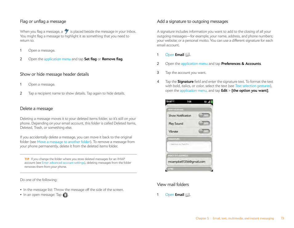 Flag or unflag a message, Show or hide message header details, Delete a message | Add a signature to outgoing messages, View mail folders | Palm Pre P100EWW User Manual | Page 73 / 204