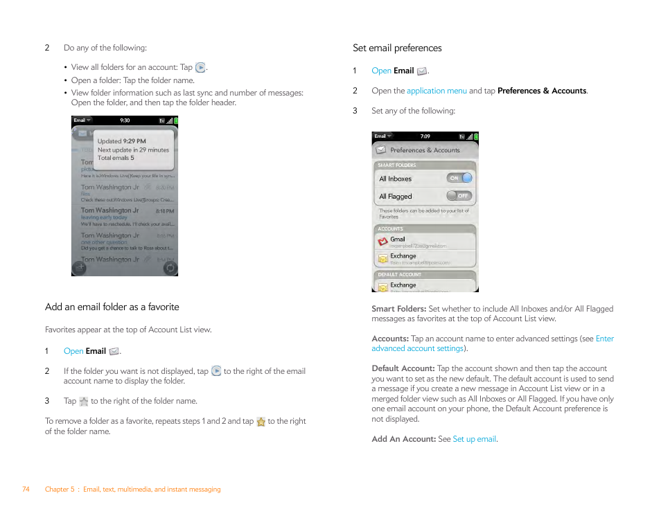 Add an email folder as a favorite, Set email preferences | Palm Pre P100EWW User Manual | Page 74 / 204