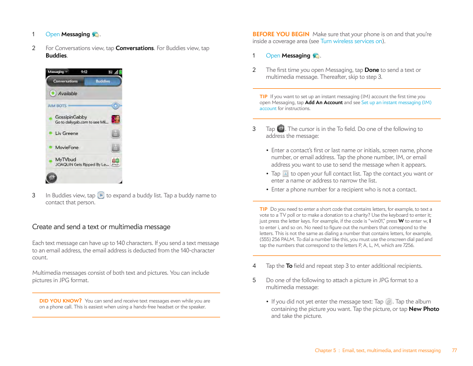 Create and send a text or multimedia message, Create and send a text or multimedia, Message | Create and send, A text or multimedia message | Palm Pre P100EWW User Manual | Page 77 / 204