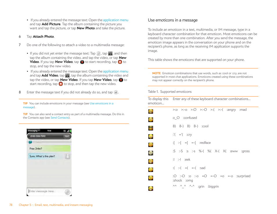 Use emoticons in a message | Palm Pre P100EWW User Manual | Page 78 / 204