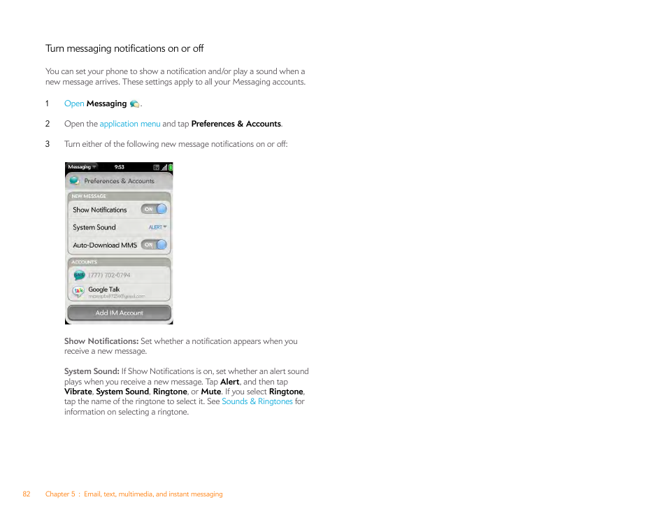 Turn messaging notifications on or off | Palm Pre P100EWW User Manual | Page 82 / 204