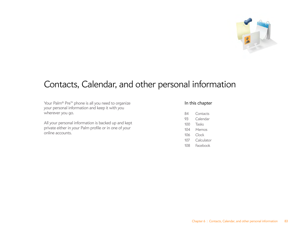 Contacts, calendar, and other personal information | Palm Pre P100EWW User Manual | Page 83 / 204