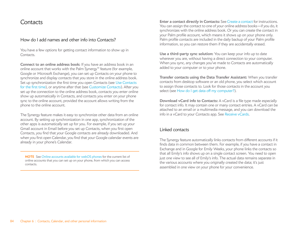 Contacts, How do i add names and other info into contacts, Linked contacts | How do i, Add names and other info into contacts | Palm Pre P100EWW User Manual | Page 84 / 204