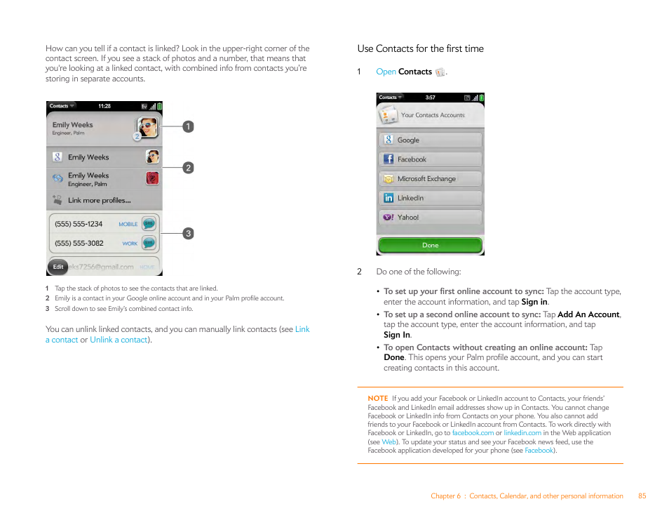 Use contacts for the first time, Use contacts, For the first time | Palm Pre P100EWW User Manual | Page 85 / 204