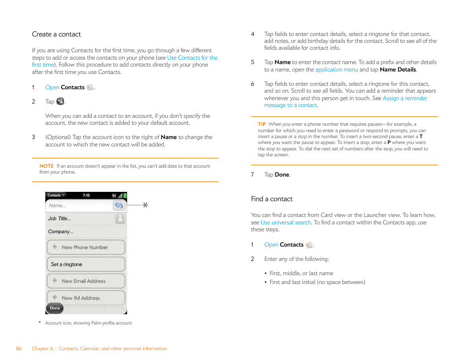 Create a contact, Find a contact | Palm Pre P100EWW User Manual | Page 86 / 204