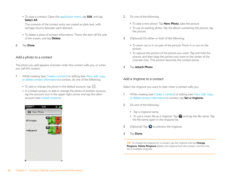 Add a photo to a contact, Add a ringtone to a contact, Add a | Ringtone to a contact | Palm Pre P100EWW User Manual | Page 88 / 204