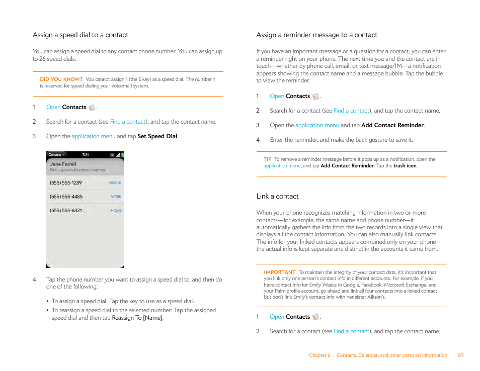 Assign a speed dial to a contact, Assign a reminder message to a contact, Link a contact | Link, A contact, Assign a reminder, Message to a contact | Palm Pre P100EWW User Manual | Page 89 / 204