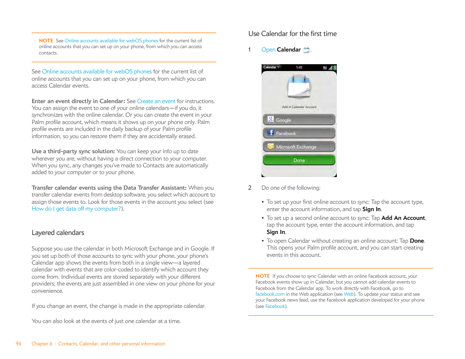 Layered calendars, Use calendar for the first time, Use calendar for the | First time, Or an | Palm Pre P100EWW User Manual | Page 94 / 204