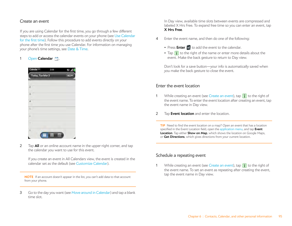 Create an event, Enter the event location, Schedule a repeating event | Palm Pre P100EWW User Manual | Page 95 / 204