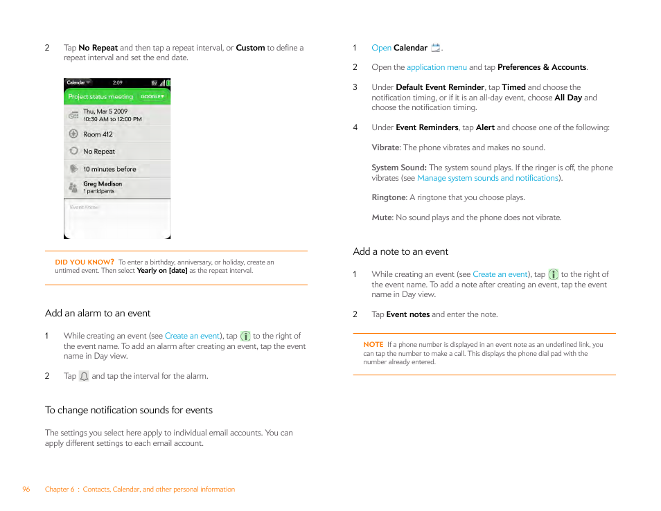 Add an alarm to an event, To change notification sounds for events, Add a note to an event | Palm Pre P100EWW User Manual | Page 96 / 204