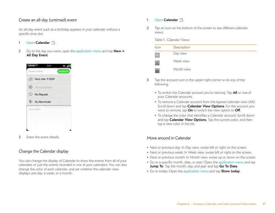 Create an all-day (untimed) event, Change the calendar display, Move around in calendar | Palm Pre P100EWW User Manual | Page 97 / 204