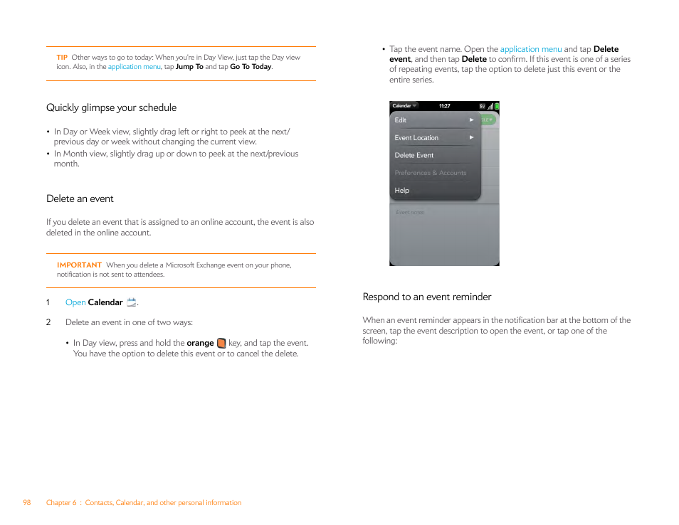 Quickly glimpse your schedule, Delete an event, Respond to an event reminder | Palm Pre P100EWW User Manual | Page 98 / 204