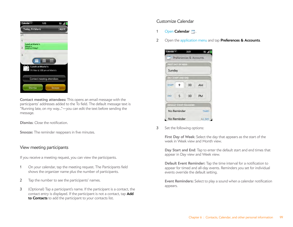 View meeting participants, Customize calendar | Palm Pre P100EWW User Manual | Page 99 / 204