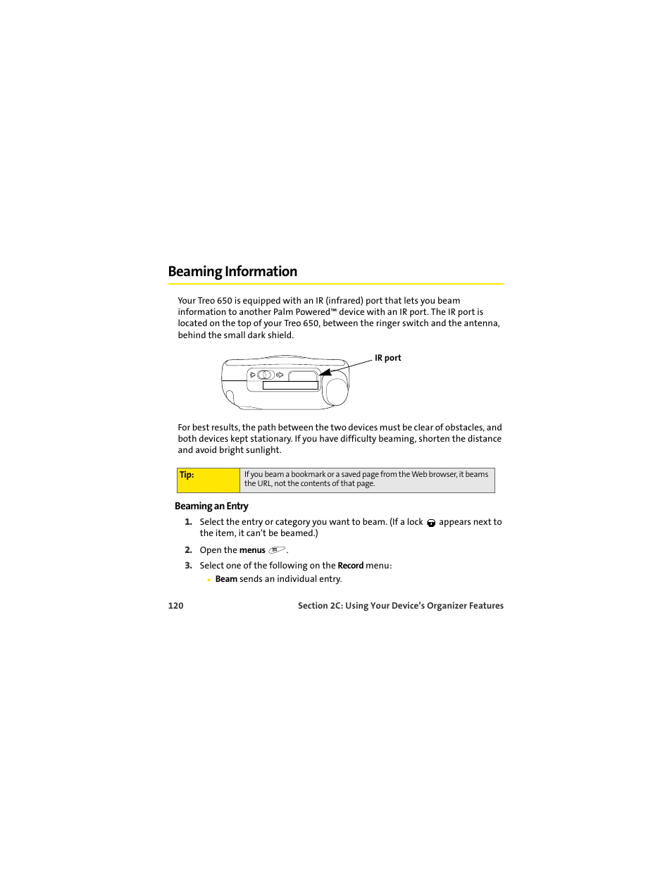 Beaming information | Palm 650 User Manual | Page 132 / 388