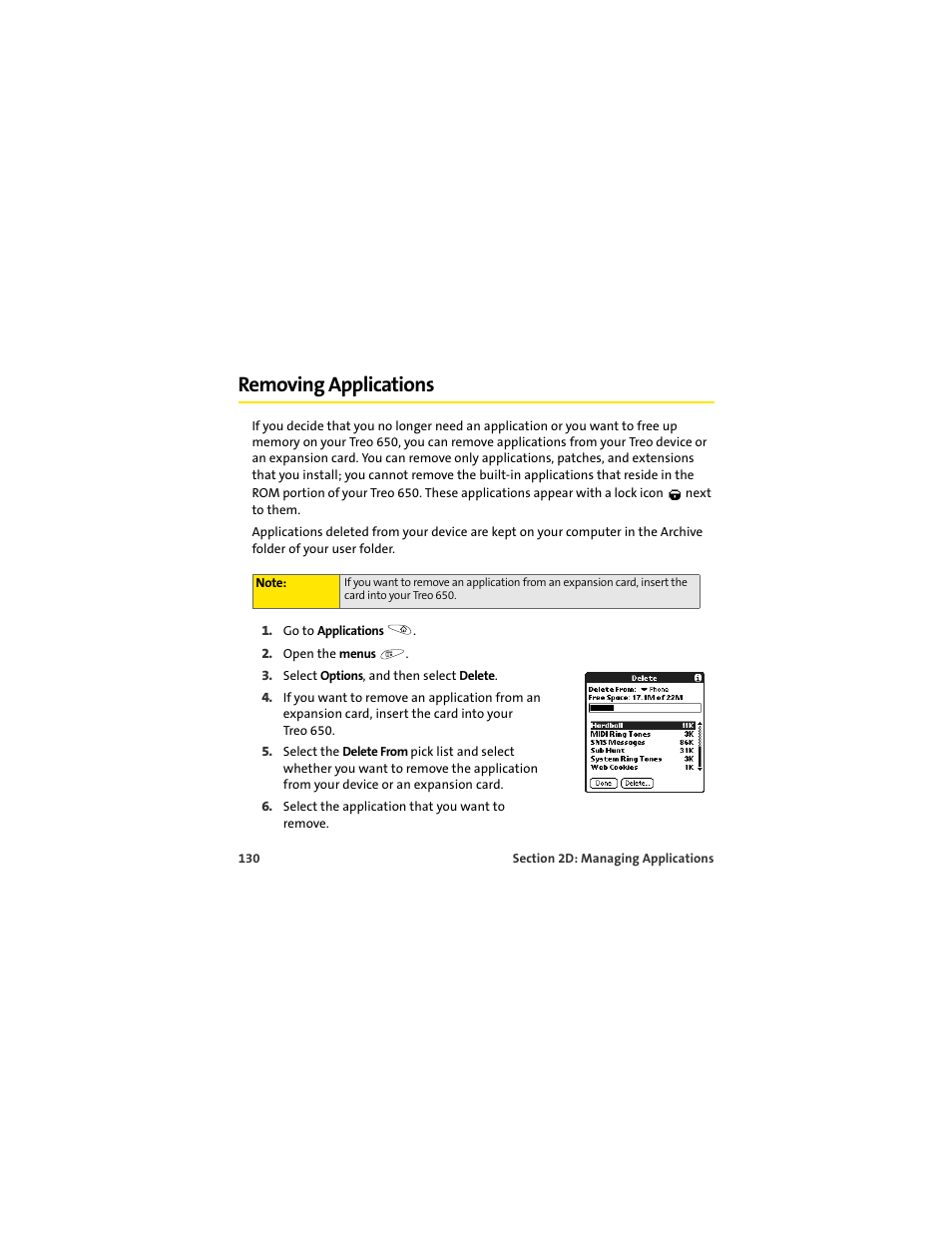 Removing applications | Palm 650 User Manual | Page 142 / 388
