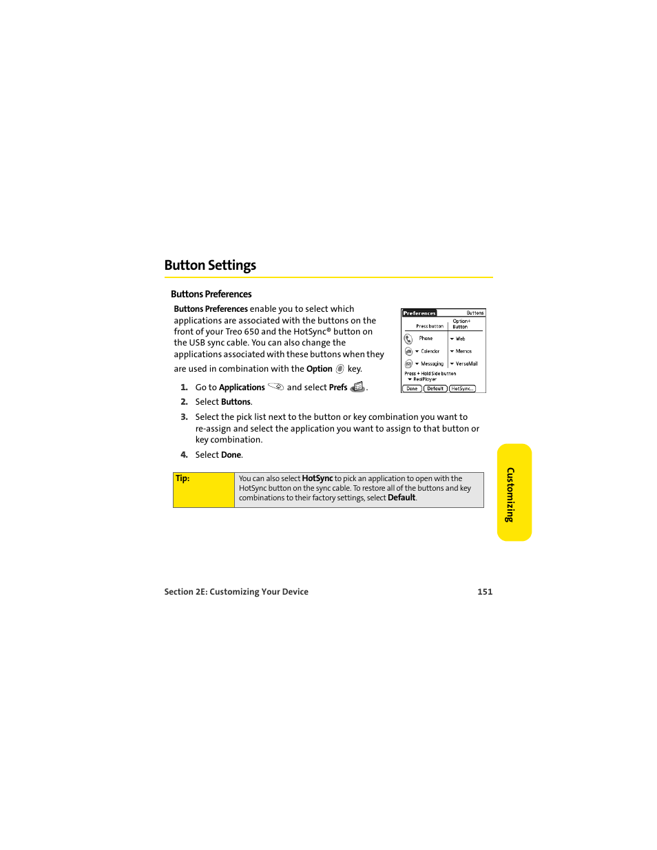 Button settings | Palm 650 User Manual | Page 163 / 388