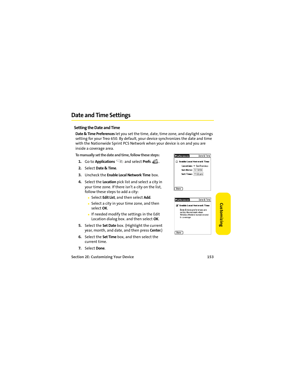 Date and time settings | Palm 650 User Manual | Page 165 / 388