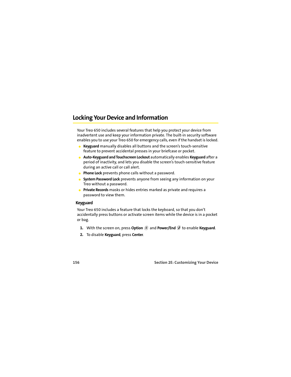 Locking your device and information | Palm 650 User Manual | Page 168 / 388