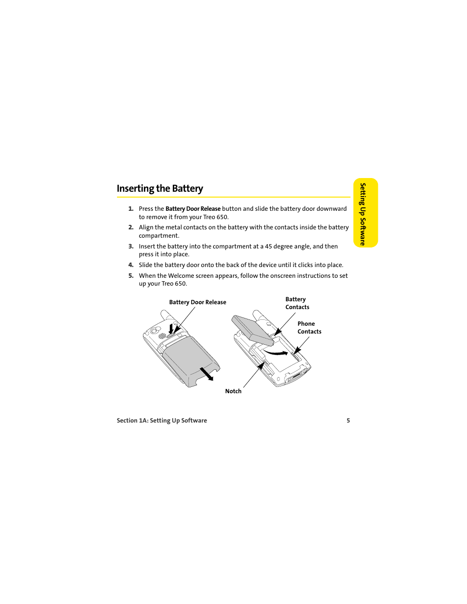 Inserting the battery | Palm 650 User Manual | Page 17 / 388