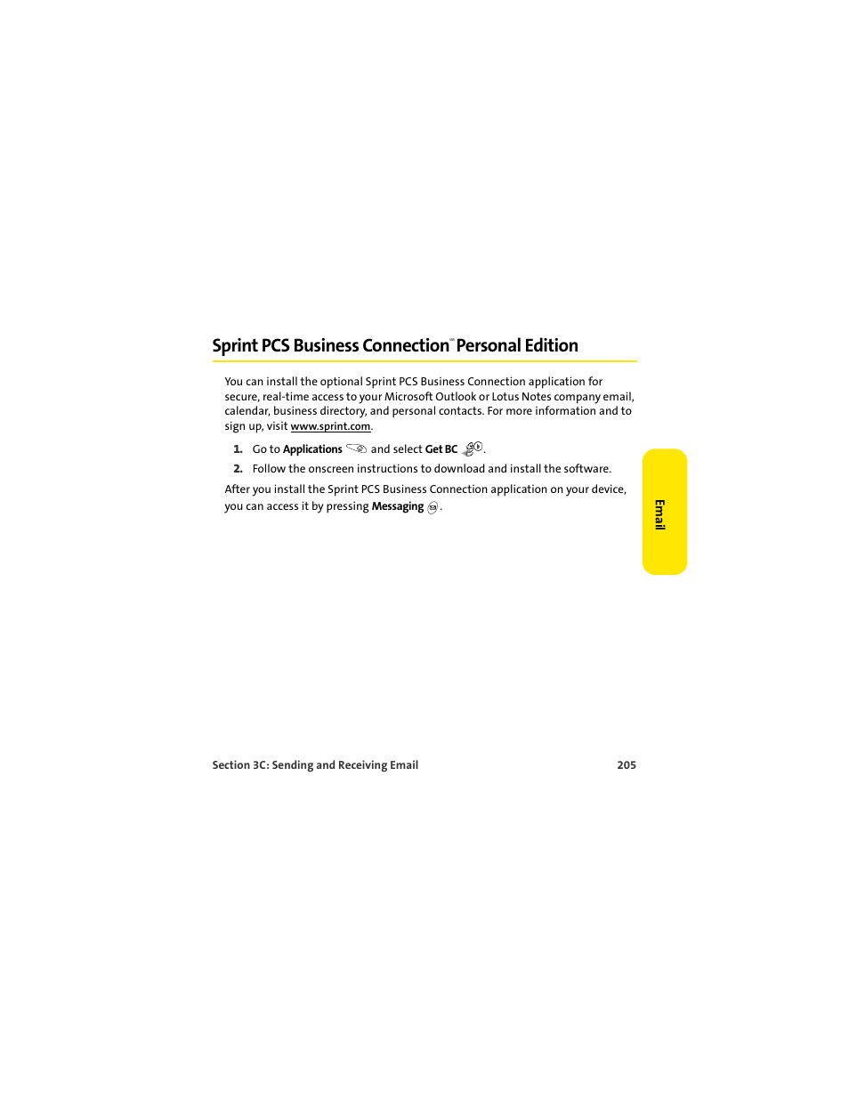 Sprint pcs business connectionsm personal edition, Sprint pcs business connection, Ess (see “sprint pcs business connection | Personal edition | Palm 650 User Manual | Page 217 / 388