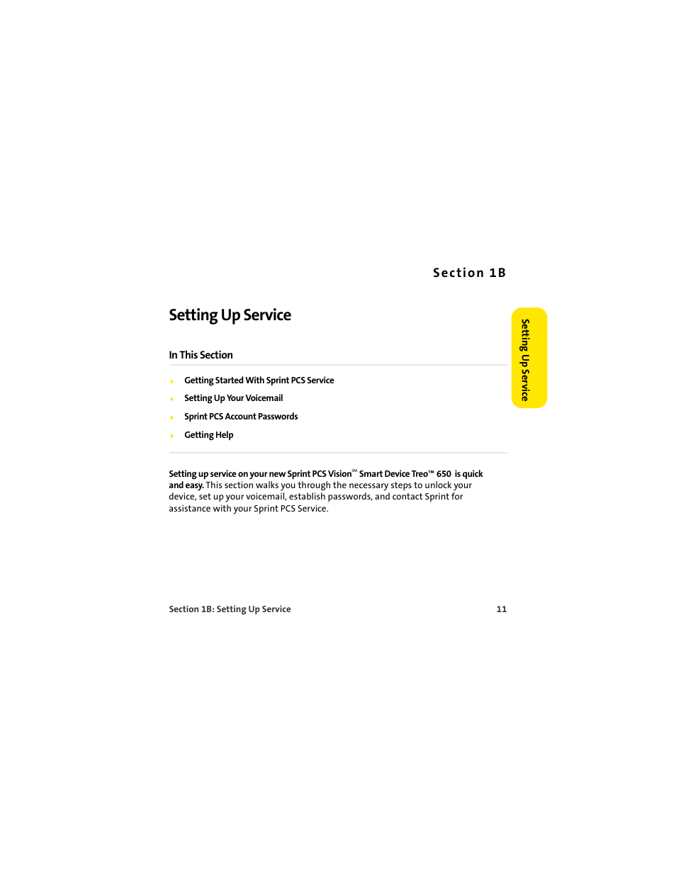 Section 1b setting up service, 1b. setting up service, Setting up service | Palm 650 User Manual | Page 23 / 388