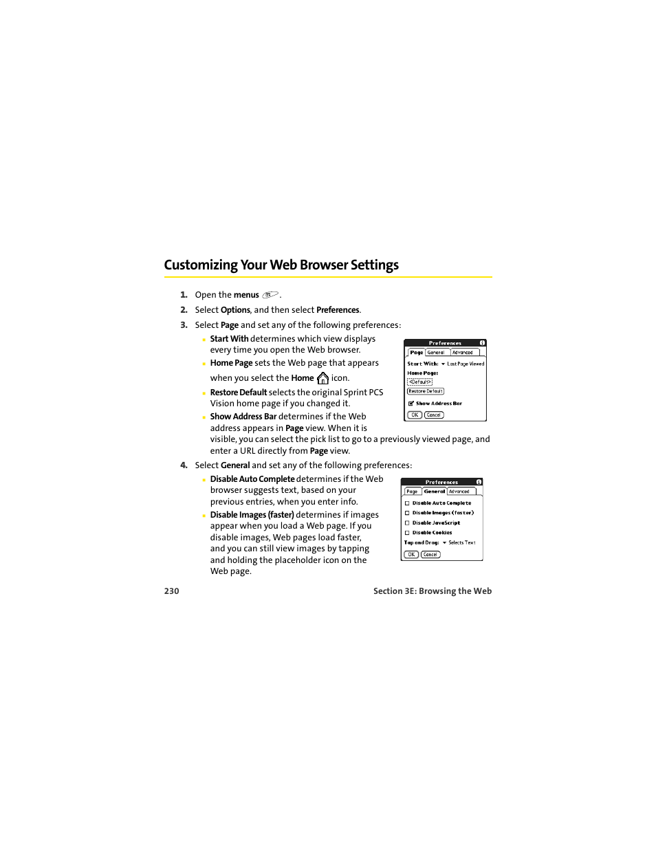 Customizing your web browser settings | Palm 650 User Manual | Page 242 / 388