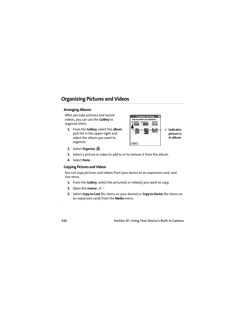 Organizing pictures and videos | Palm 650 User Manual | Page 252 / 388